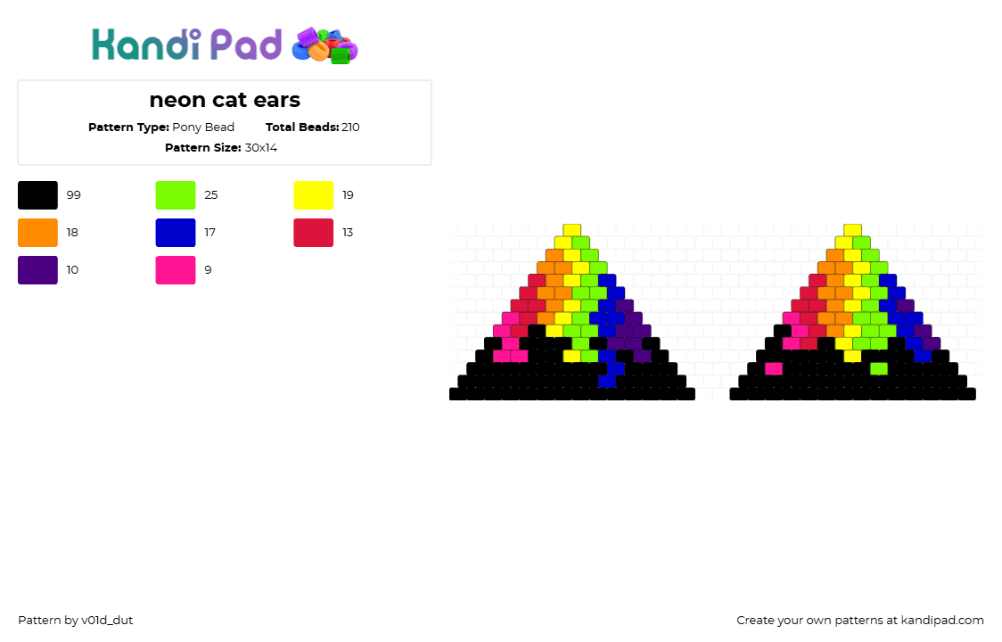 neon cat ears - Pony Bead Pattern by v01d_dut on Kandi Pad - ears,neon,drippy,rainbow,colorful,black