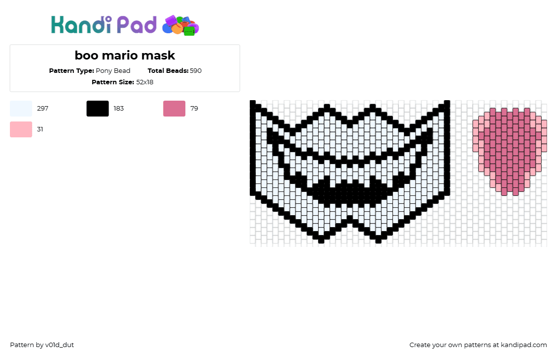 boo mario mask - Pony Bead Pattern by v01d_dut on Kandi Pad - boo,ghost,mario,tongue,nintendo,mask,video game,white,pink