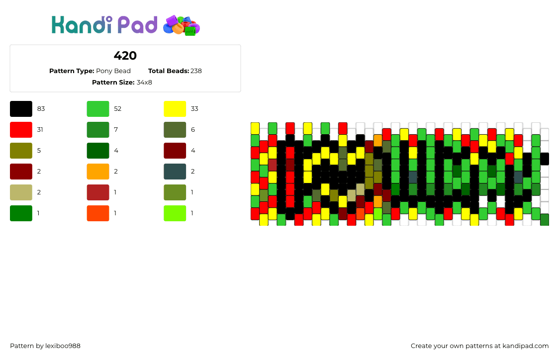 420 - Pony Bead Pattern by lexiboo988 on Kandi Pad - weed,marijuana,pot,cuff,colorful,red,yellow,green