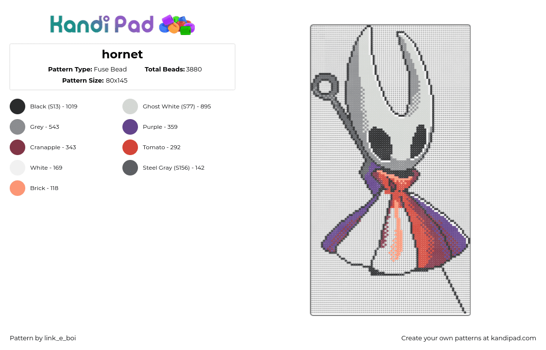 hornet - Fuse Bead Pattern by link_e_boi on Kandi Pad - hornet,hollow knight,video game,character,white,gray,purple,orange