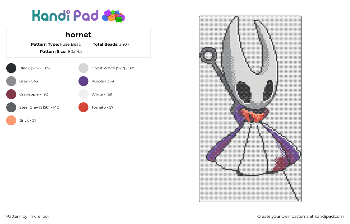 hornet - Fuse Bead Pattern by link_e_boi on Kandi Pad - hornet,hollow knight,video game,character,white,gray,purple