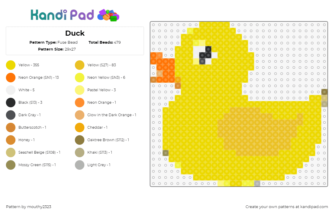 Duck - Fuse Bead Pattern by mouthy2323 on Kandi Pad - duck,rubber ducky,bird,animal,cute,yellow