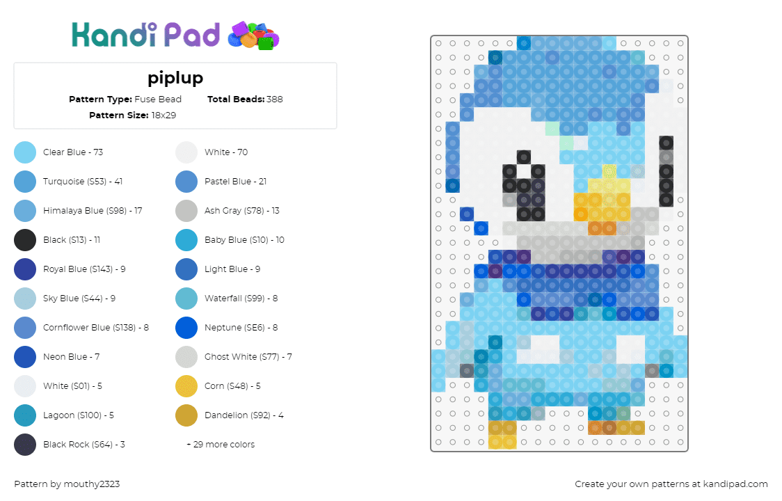 piplup - Fuse Bead Pattern by mouthy2323 on Kandi Pad - piplup,pokemon,character,penguin,gaming,cute,light blue