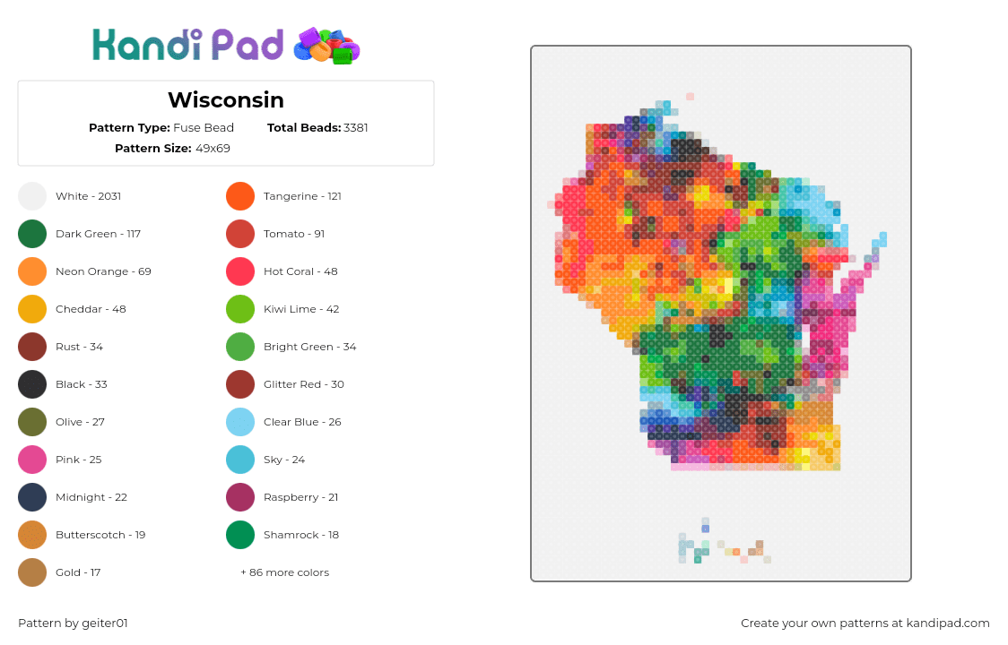 Wisconsin - Fuse Bead Pattern by geiter01 on Kandi Pad - wisconsin,state,united states,colorful,orange,green