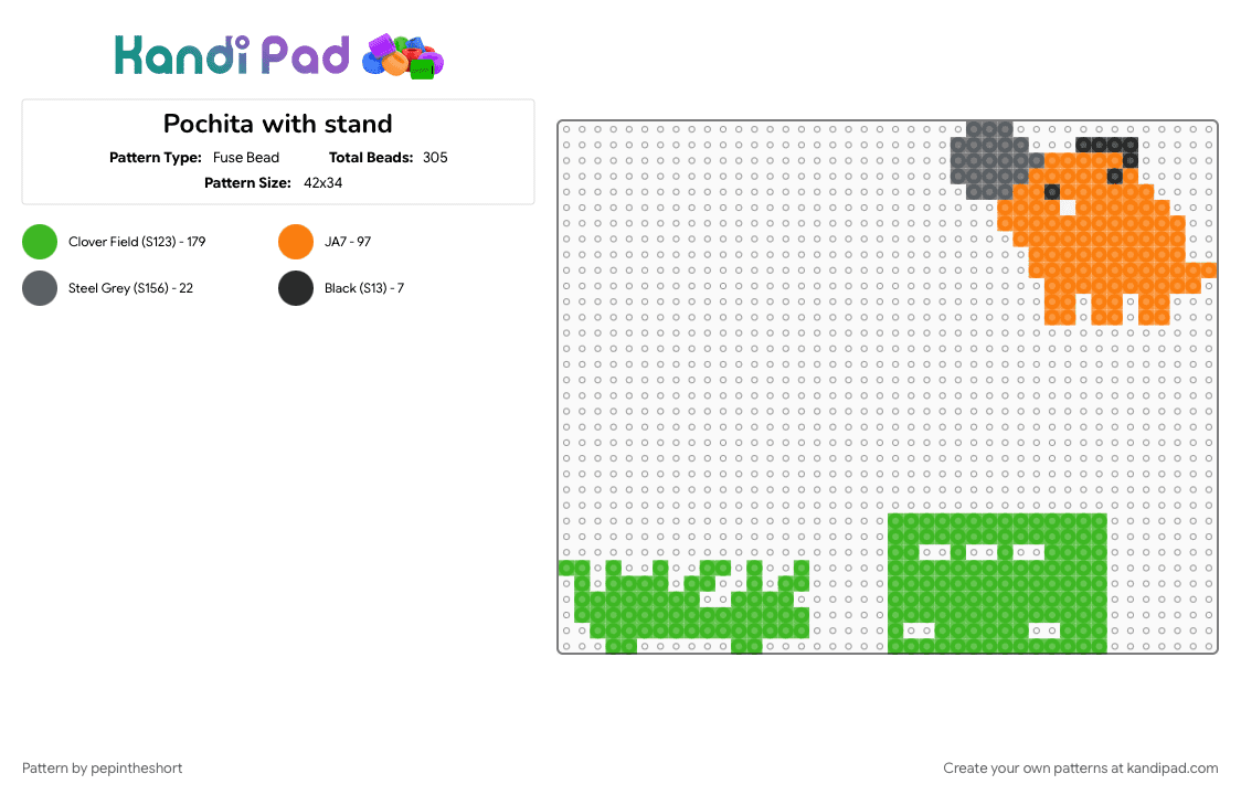 Pochita with stand - Fuse Bead Pattern by pepintheshort on Kandi Pad - anime, chainsaw, chainsaw man, chainsawman, cotdgrassy, csm, figure, green, orange, pochita