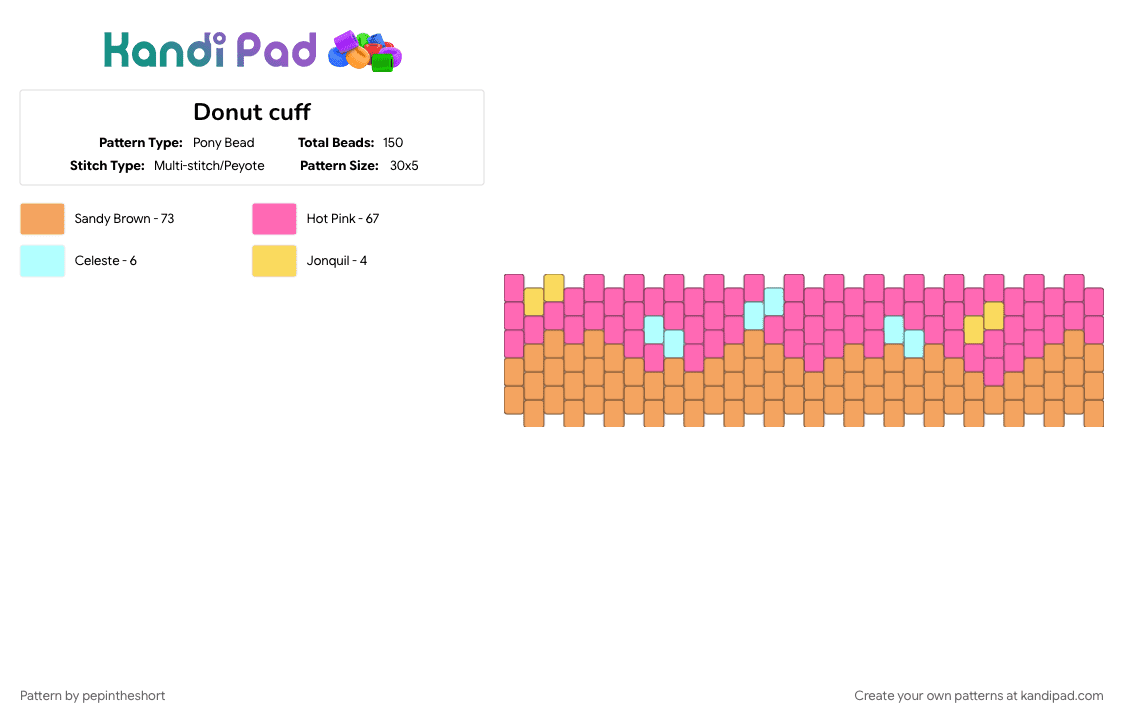 Donut cuff - Pony Bead Pattern by pepintheshort on Kandi Pad - breakfast, cotddessert, dessert, donut, orange, pink, pink donut