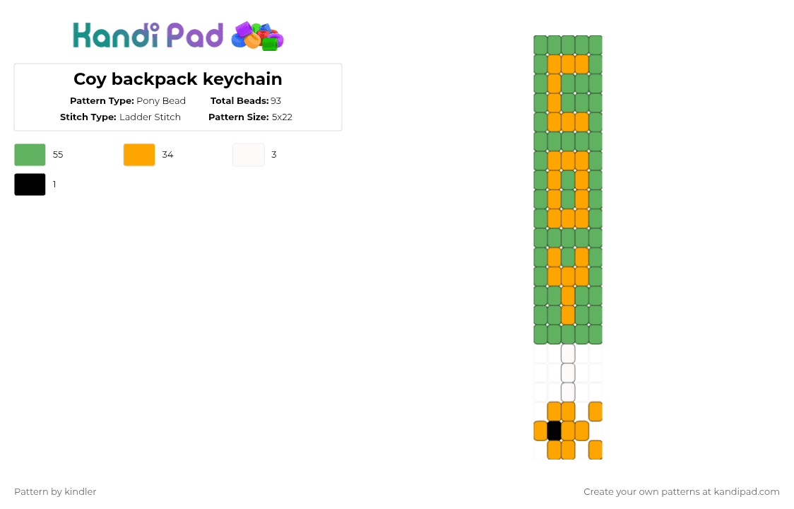 Coy backpack keychain - Pony Bead Pattern by kindler on Kandi Pad - orange,green