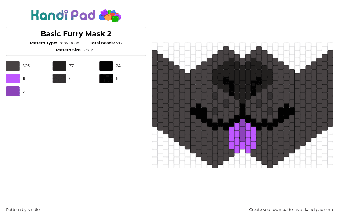 Basic Furry Mask 2 - Pony Bead Pattern by kindler on Kandi Pad - furry,tongue,community,mask,black,purple