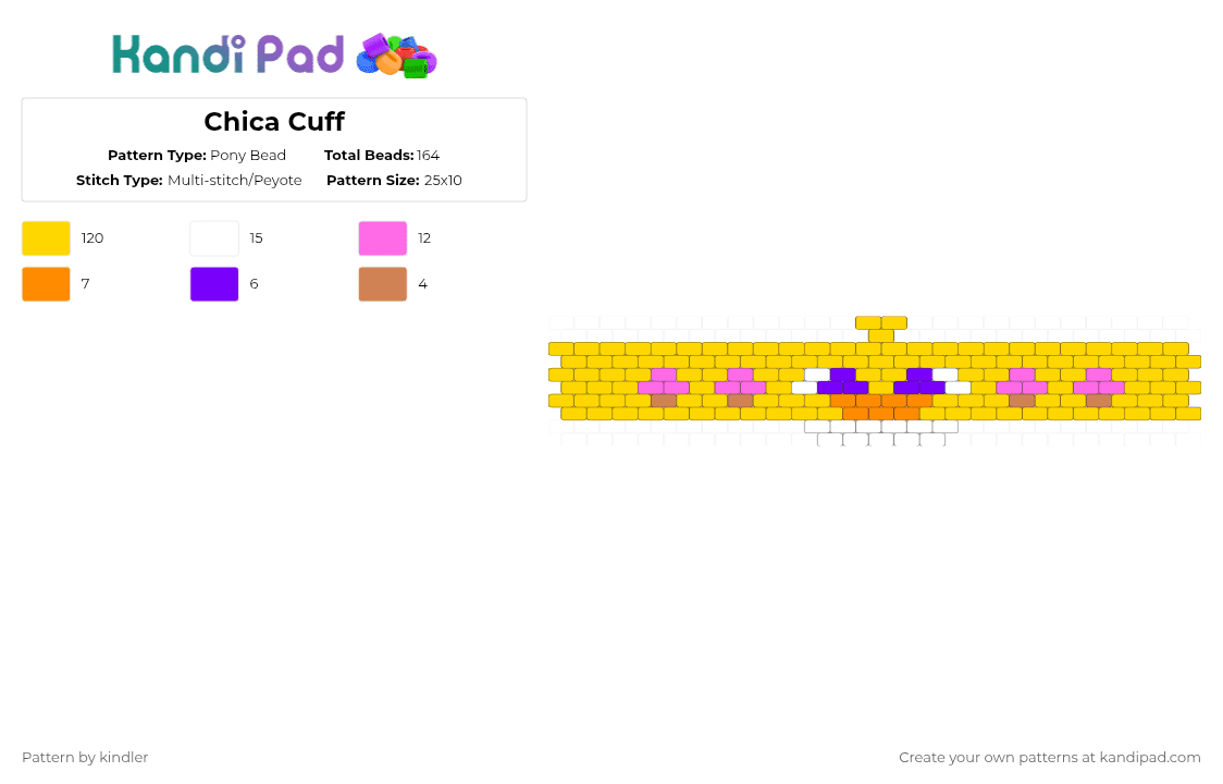 Chica Cuff - Pony Bead Pattern by kindler on Kandi Pad - yellow,animatronic,chica,chicken,fnaf,cuff,five nights at freddys,easy