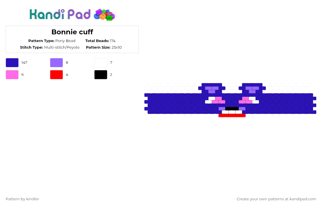 Bonnie cuff - Pony Bead Pattern by kindler on Kandi Pad - purple,bonnie,fnaf,five nights at freddys,animatronic,bunny,cuff,easy