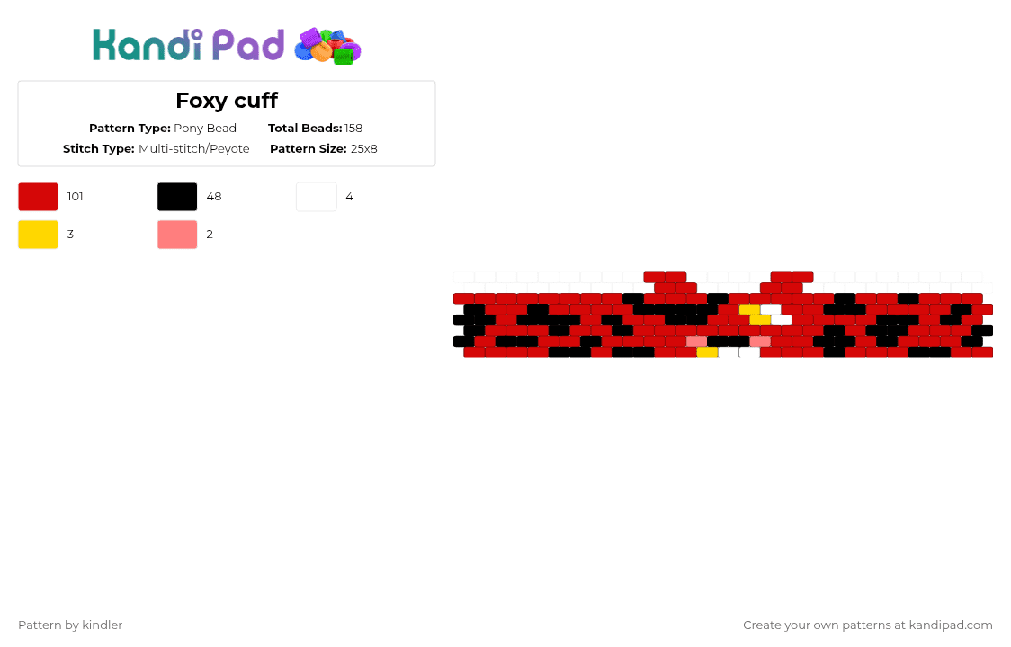 Foxy cuff - Pony Bead Pattern by kindler on Kandi Pad - red,fnaf,five nights at freddys,foxy,fox,pirate,game,cuff,animatronic