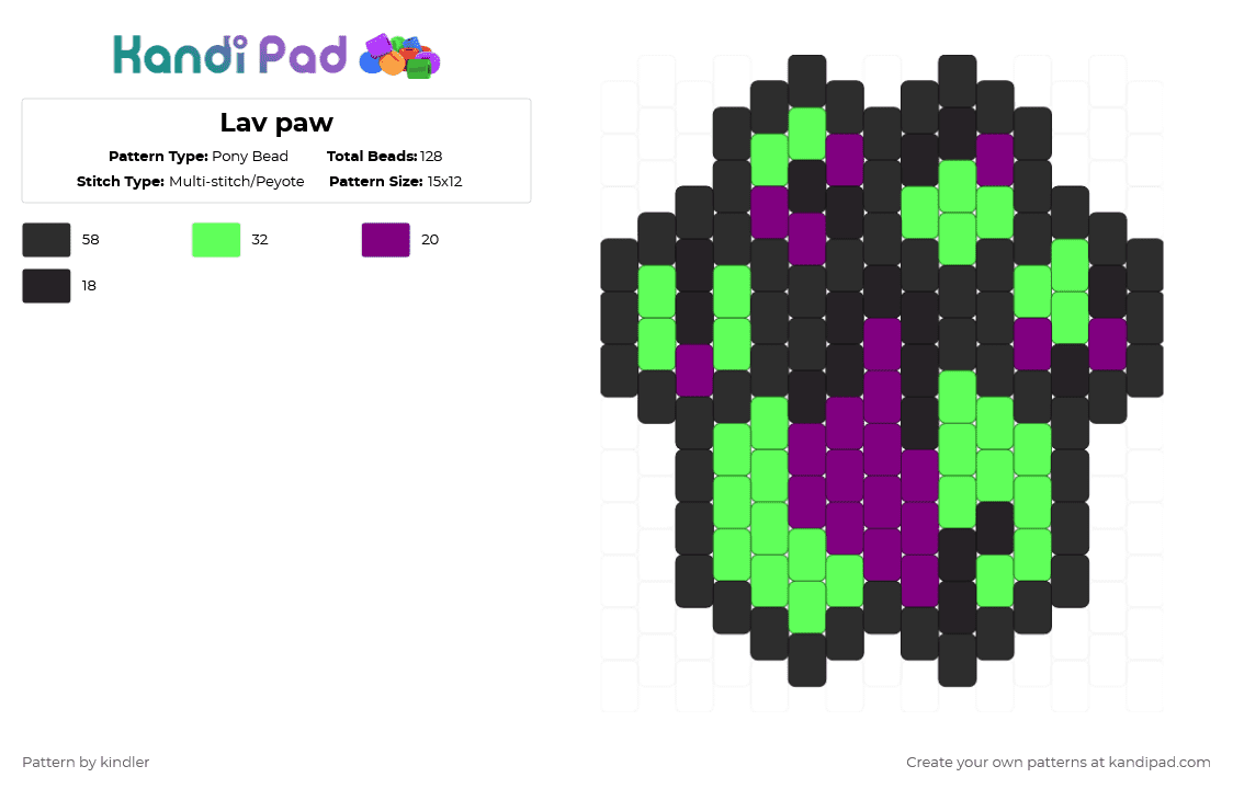 Lav paw - Pony Bead Pattern by kindler on Kandi Pad - green,pink,furry,fursona,pawpad,paw,simple,fun,hyena paw