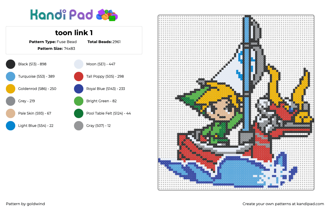 toon link 1 - Fuse Bead Pattern by goldwind on Kandi Pad - link,legend of zelda,boat,ship,character,video game,ocean,gaming,light blue,gray,orange,colorful