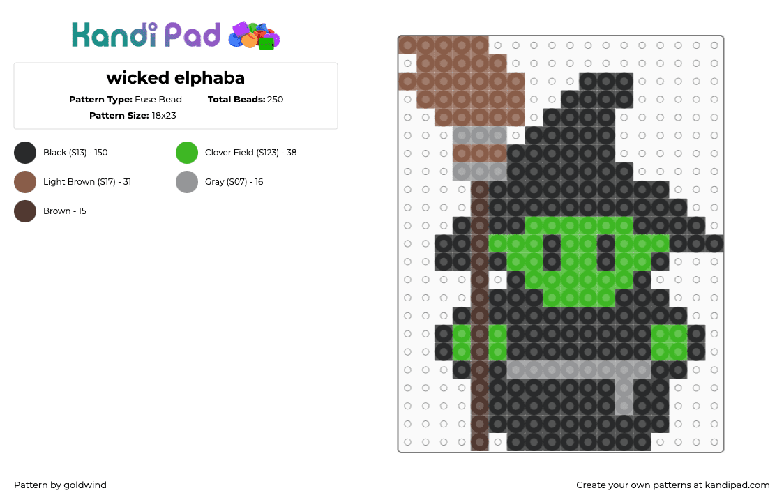 wicked elphaba - Fuse Bead Pattern by goldwind on Kandi Pad - elphaba,wicked,witch,wizard of oz,character,chibi,musical,broom,green,black,brown