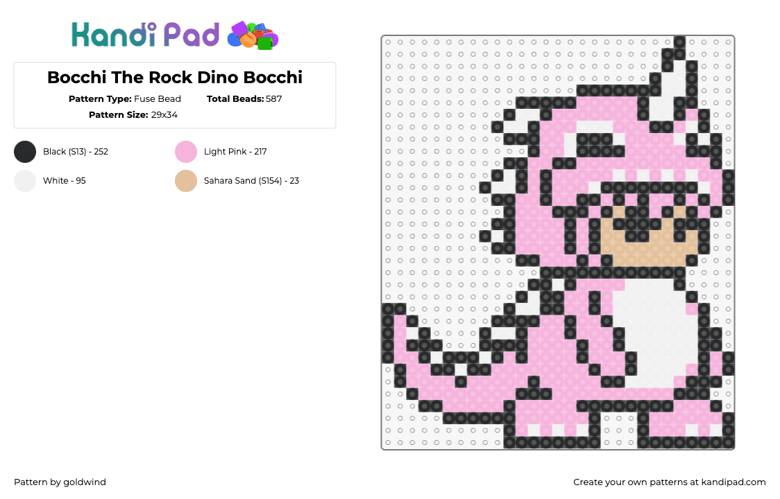 Bocchi The Rock Dino Bocchi - Fuse Bead Pattern by goldwind on Kandi Pad - bocchi the rock,dinosaur,character,manga,costume,comic,pink