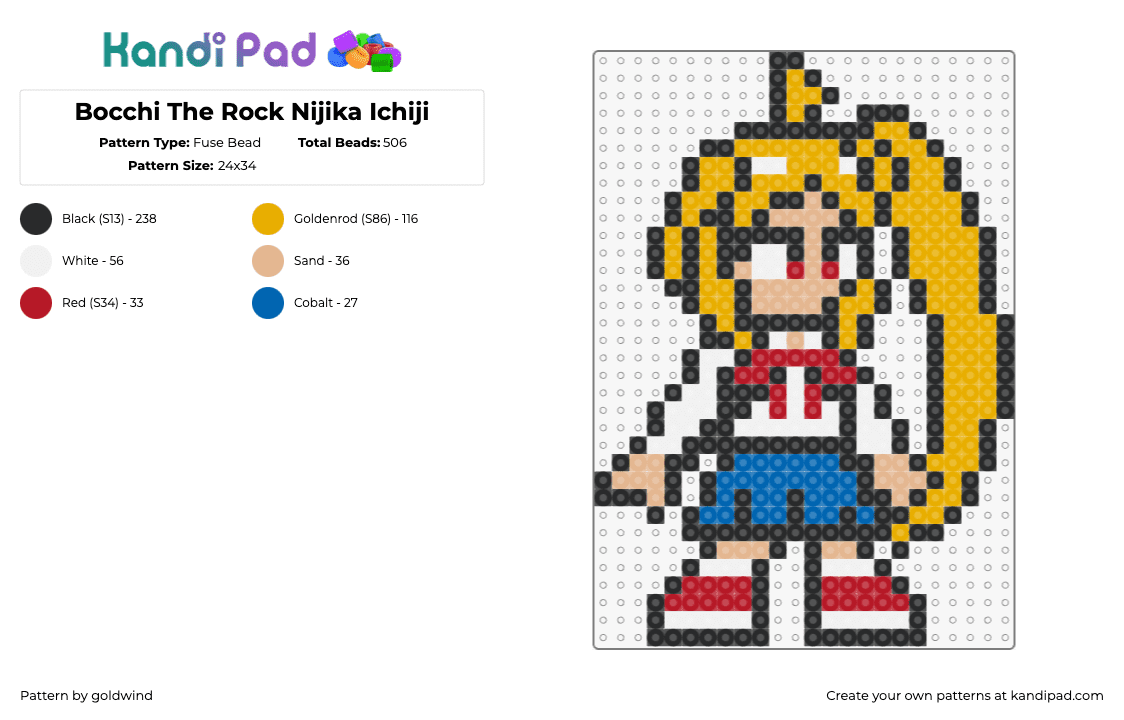 Bocchi The Rock Nijika Ichiji - Fuse Bead Pattern by goldwind on Kandi Pad - nijika,bocchi the rock,character,manga,blonde,comic,yellow,blue