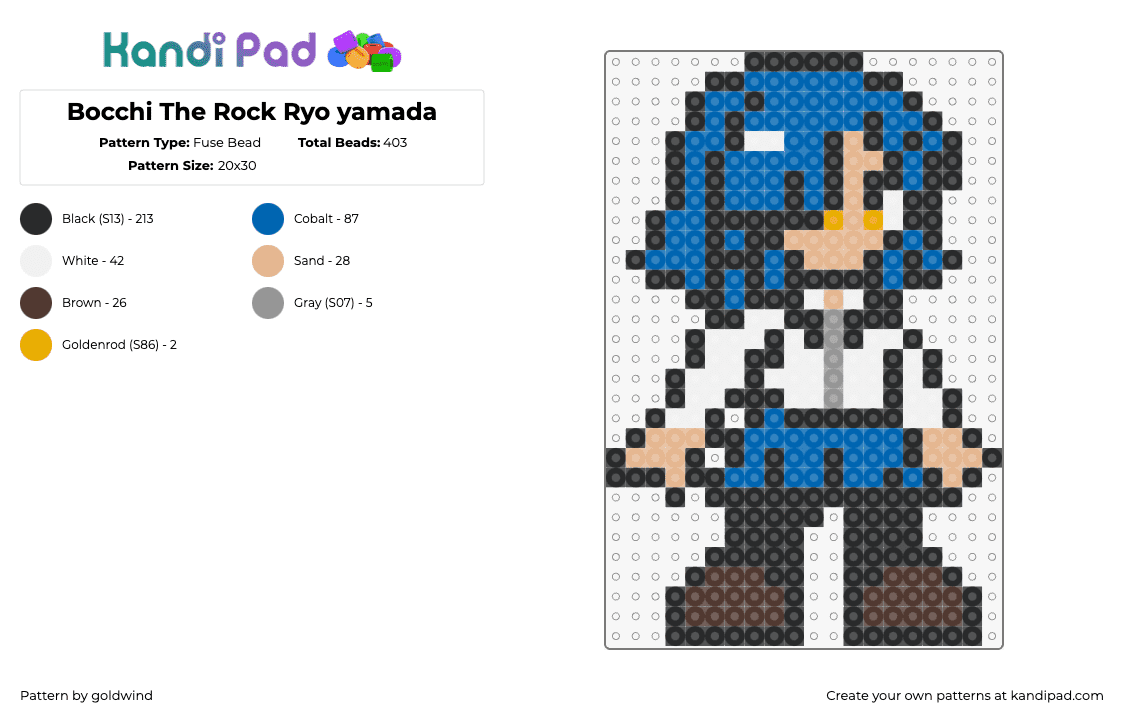 Bocchi The Rock Ryo yamada - Fuse Bead Pattern by goldwind on Kandi Pad - ryo yamada,bocchi the rock,character,manga,comic,blue