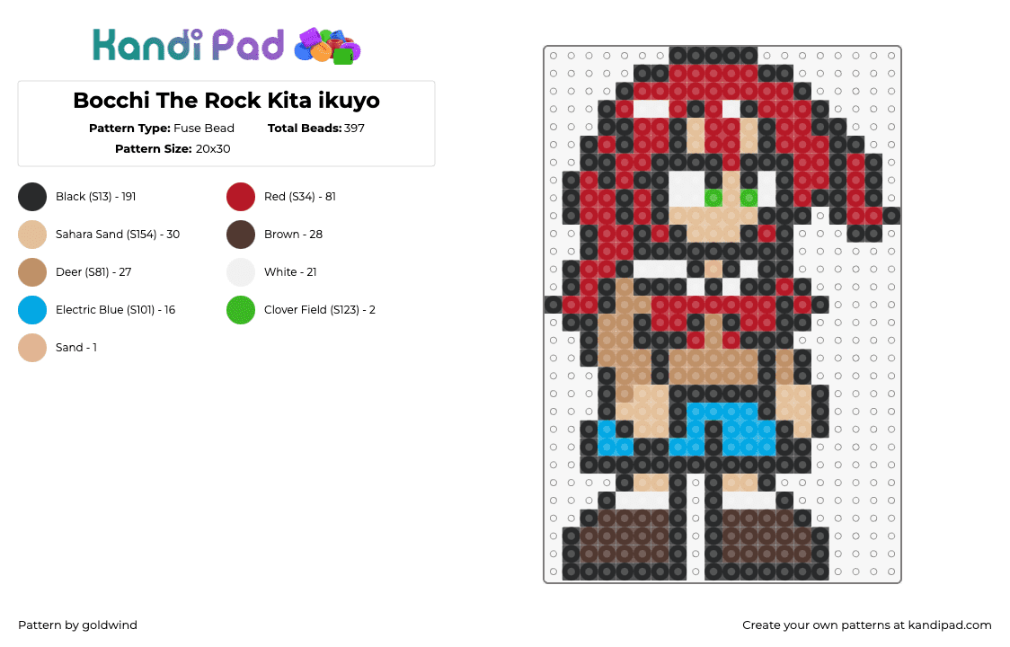 Bocchi The Rock Kita ikuyo - Fuse Bead Pattern by goldwind on Kandi Pad - kita ikuyo,bocchi the rock,character,manga,comic,red,tan