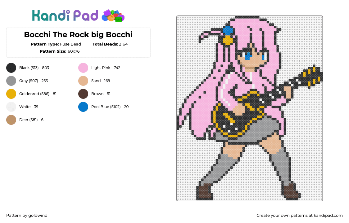 Bocchi The Rock big Bocchi - Fuse Bead Pattern by goldwind on Kandi Pad - hitori gotou,bocchi the rock,guitar,character,manga,comic,pink,gray