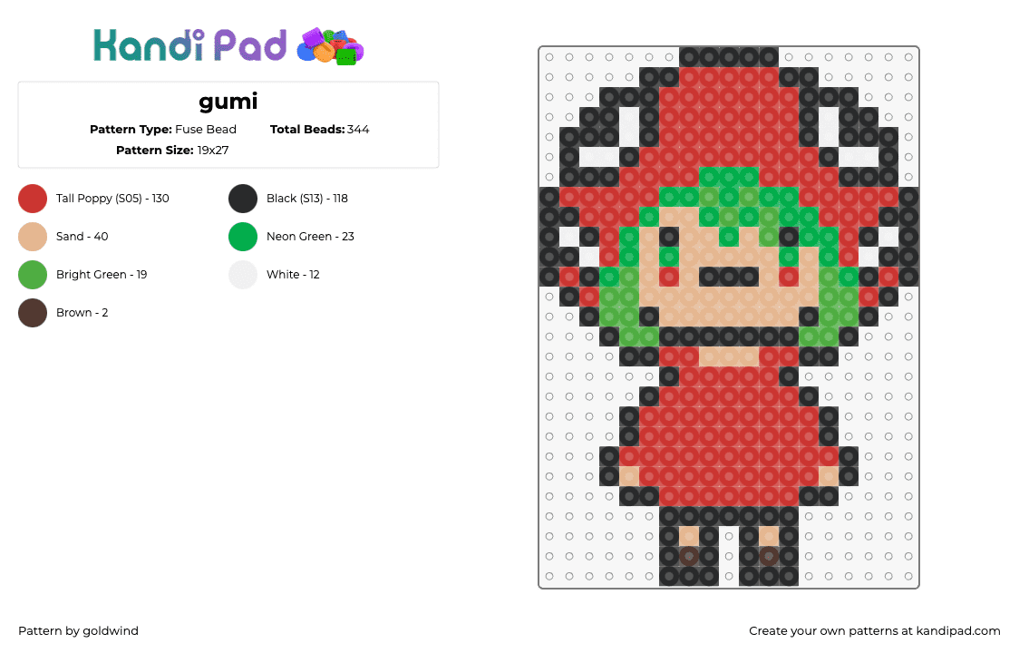 gumi - Fuse Bead Pattern by goldwind on Kandi Pad - gumi,vocaloid,music,character,chibi,green,red