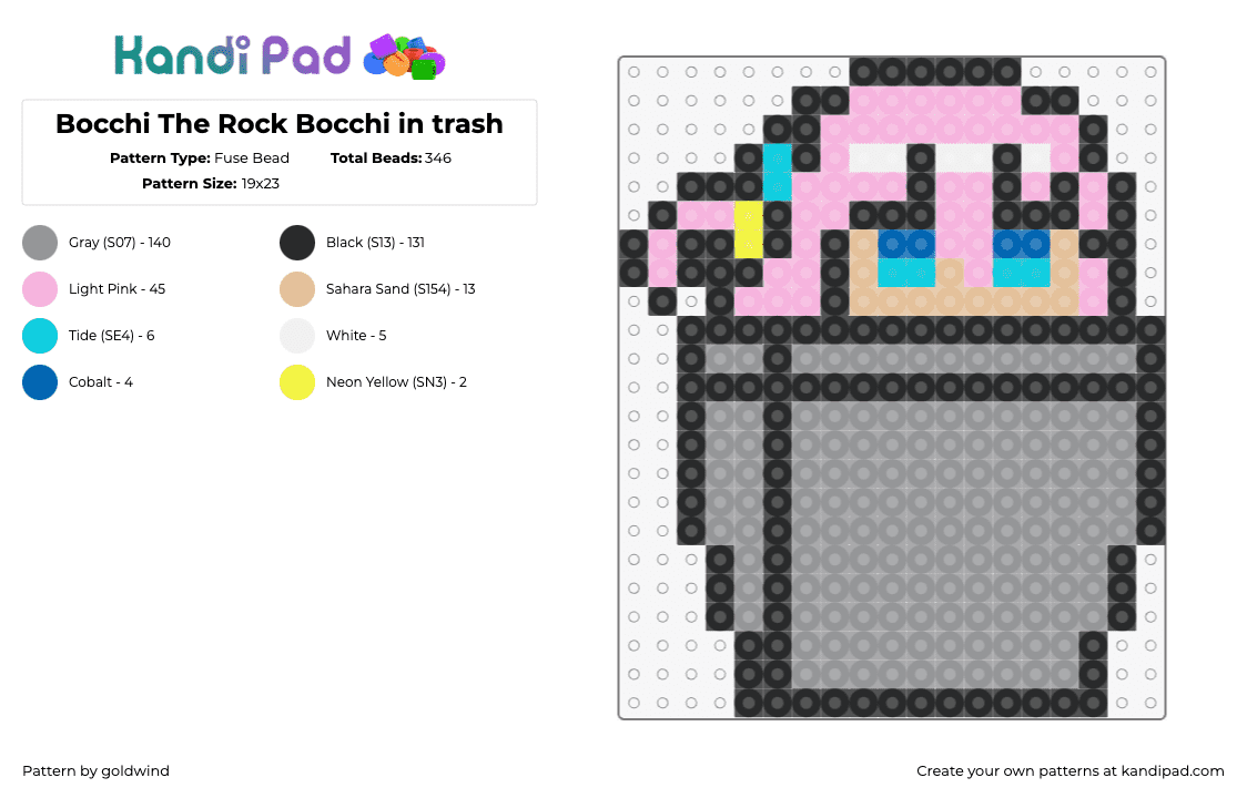 Bocchi The Rock Bocchi in trash - Fuse Bead Pattern by goldwind on Kandi Pad - bocchi the rock,garbage,trash,can,character,manga,comic,pink,gray