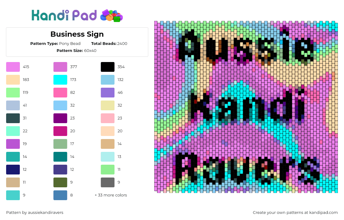 Business Sign - Pony Bead Pattern by aussiekandiravers on Kandi Pad - aussie kandi ravers,signs,text,heat map,swirls,colorful,panel,teal,purple,pink