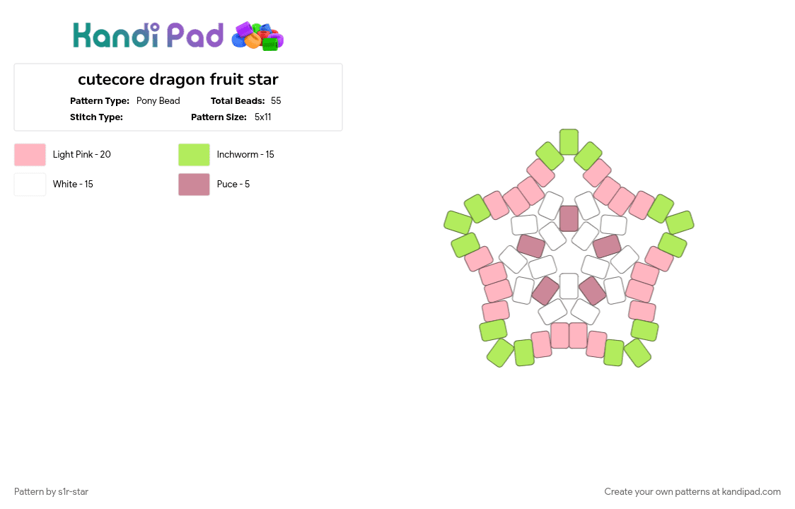 cutecore dragon fruit star - Pony Bead Pattern by s1r-star on Kandi Pad - cutecore, dragonfruit, fruits, green, kawaii, pink, star