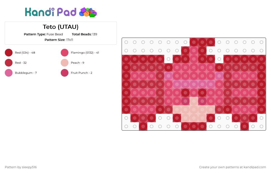Teto (UTAU) - Fuse Bead Pattern by sleepy516 on Kandi Pad - red,teto,vocaloid,utau,pink