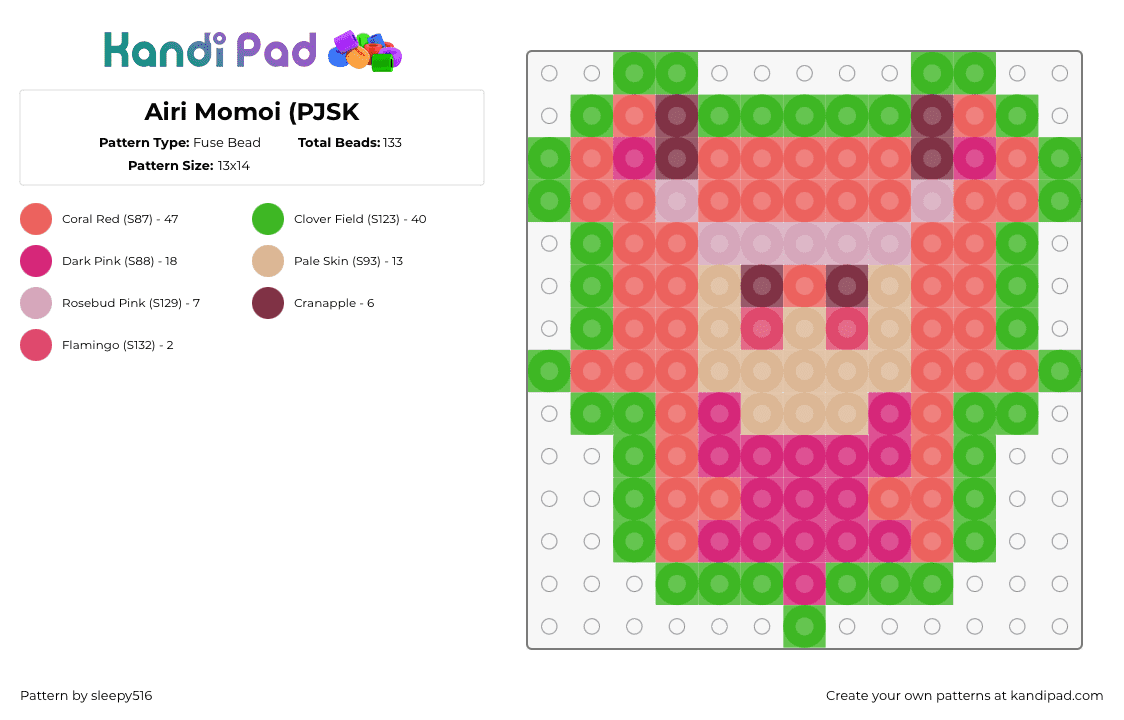 Airi Momoi (PJSK) - Fuse Bead Pattern by sleepy516 on Kandi Pad - momoi airi,project sekai,vocaloid,neon,pink,green