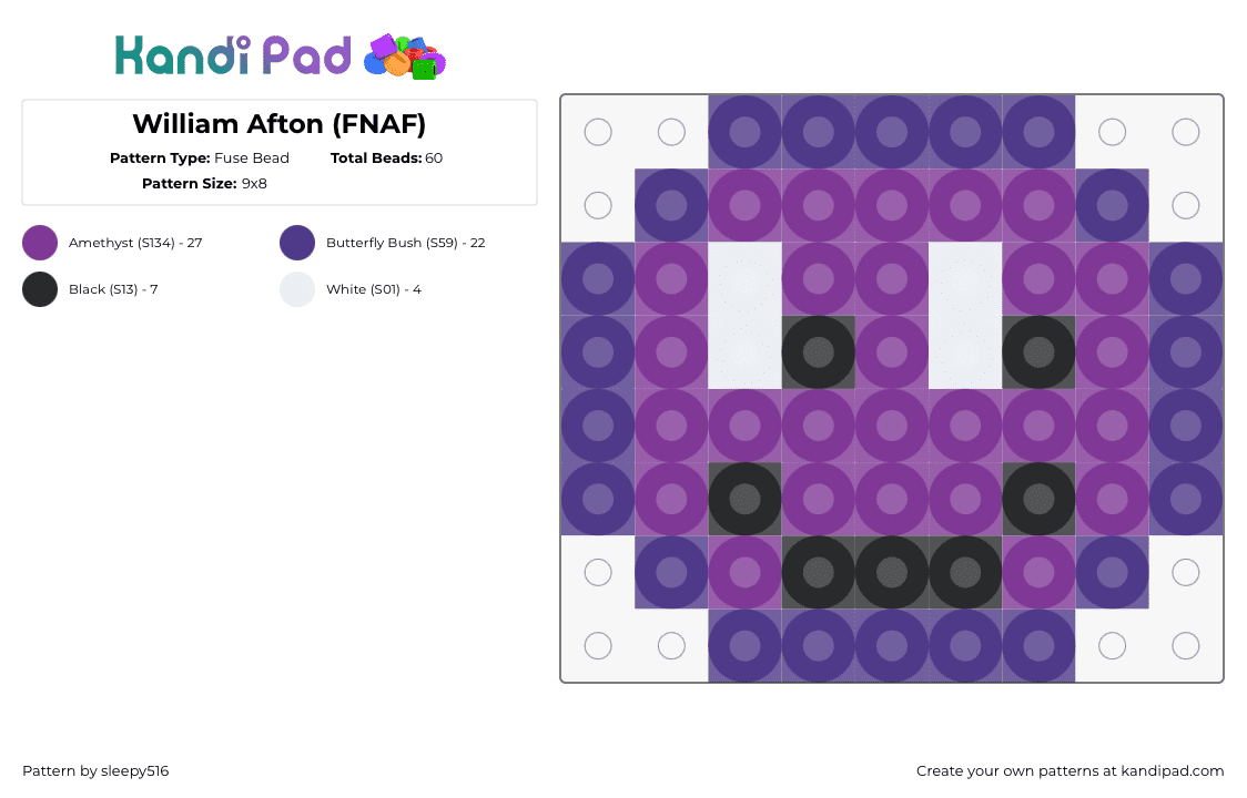 William Afton (FNAF) - Fuse Bead Pattern by sleepy516 on Kandi Pad - william afton,purple guy,fnaf,five nights at freddys,character,horror,spooky,video game,head,purple