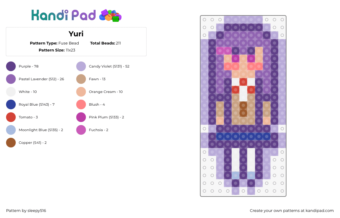 Yuri (Doki Doki Literature Club) - Fuse Bead Pattern by sleepy516 on Kandi Pad - yuri,doki doki literature club,character,book,video game,manga,purple