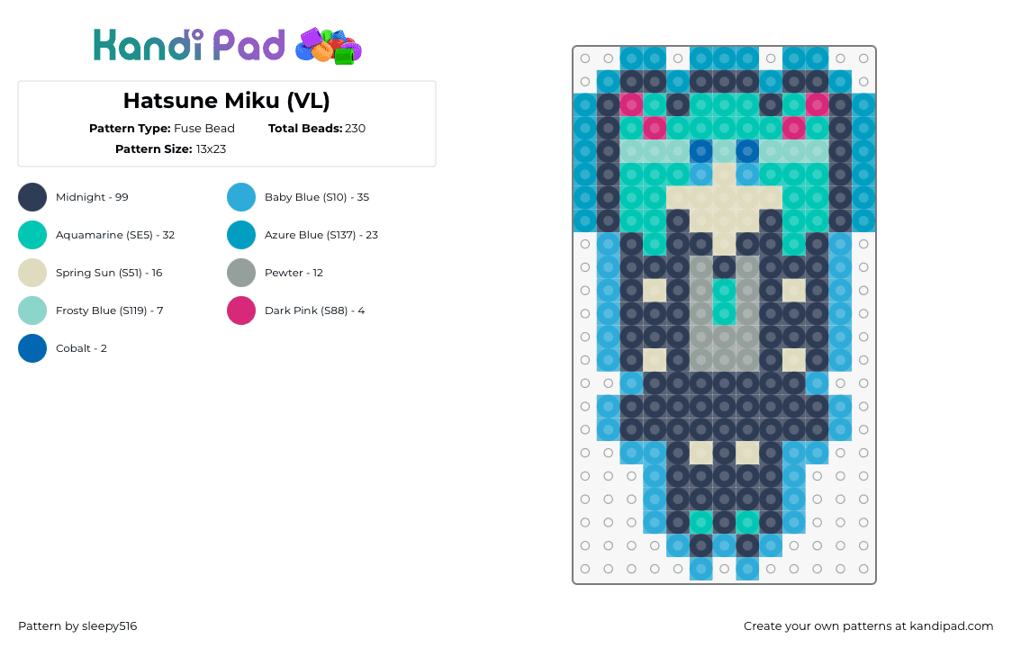 Hatsune Miku (VL) - Fuse Bead Pattern by sleepy516 on Kandi Pad - hatsune miku,vocaloid,character,music,teal