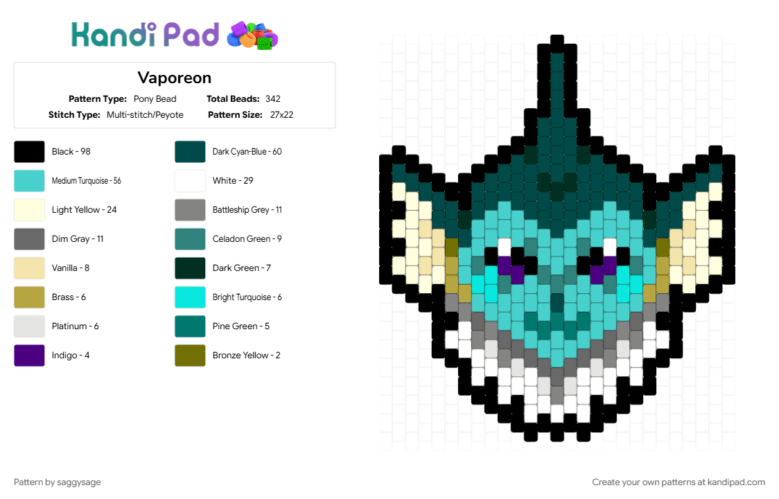 Vaporeon - Pony Bead Pattern by saggysage on Kandi Pad - black, character, eeveelution, eeveelutions, gray, head, light blue, nintendo, pokemon, vaporeon, video game