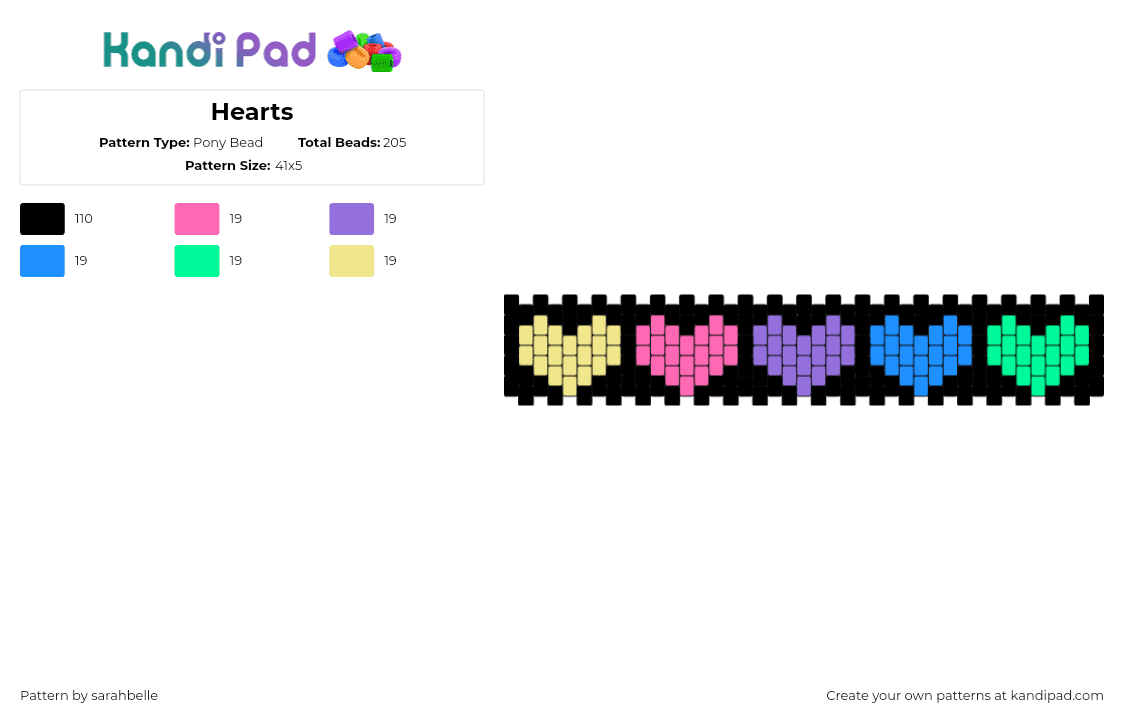 Hearts - Pony Bead Pattern by sarahbelle on Kandi Pad - hearts,love,colorful,pastel,cuff,black,purple,green