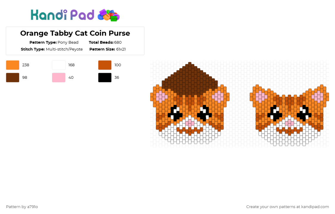 Orange Tabby Cat Coin Purse - Pony Bead Pattern by a791o on Kandi Pad - orange