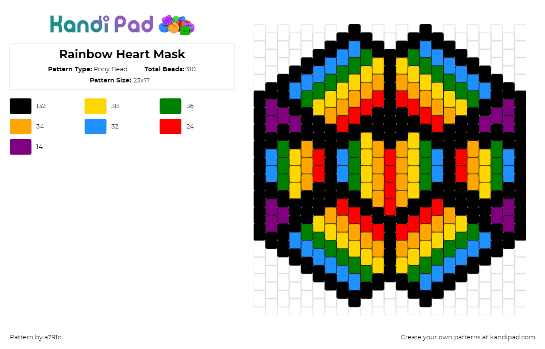 Rainbow Heart Mask - Pony Bead Pattern by a791o on Kandi Pad - rainbow,heart,mask,geometric,colorful,yellow,purple,blue,red