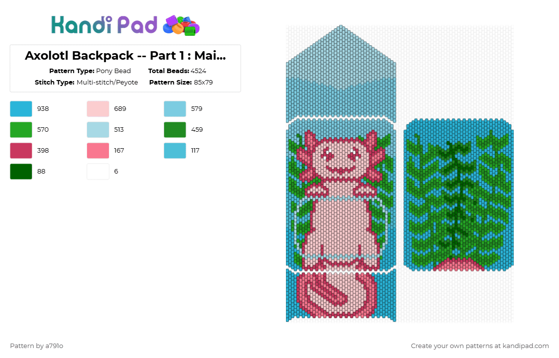 Axolotl Backpack -- Part 1 : Main, Bottom, Flap - Pony Bead Pattern by a791o on Kandi Pad - axolotl,backpack,seaweed,underwater,cute,school,animal,amphibian,creature,light blue,green