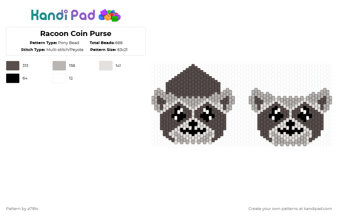 Racoon Coin Purse - Pony Bead Pattern by a791o on Kandi Pad - brown,beige