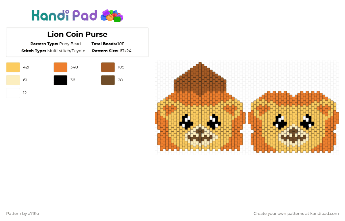 Lion Coin Purse - Pony Bead Pattern by a791o on Kandi Pad - orange,yellow