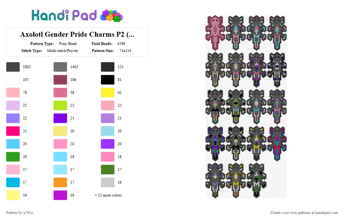 Axolotl Gender Pride Charms P2 - Pony Bead Pattern by a791o on Kandi Pad - black,pink,gray