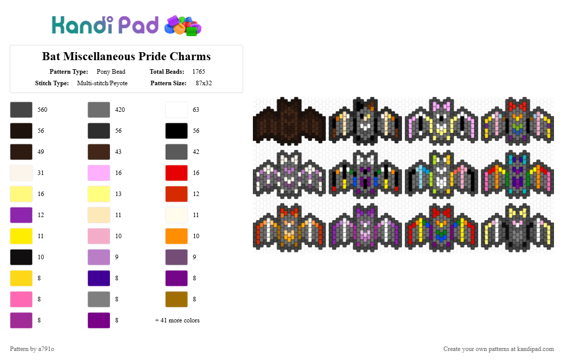 Bat Miscellaneous Pride Charms - Pony Bead Pattern by a791o on Kandi Pad - black,pink,yellow,colorful