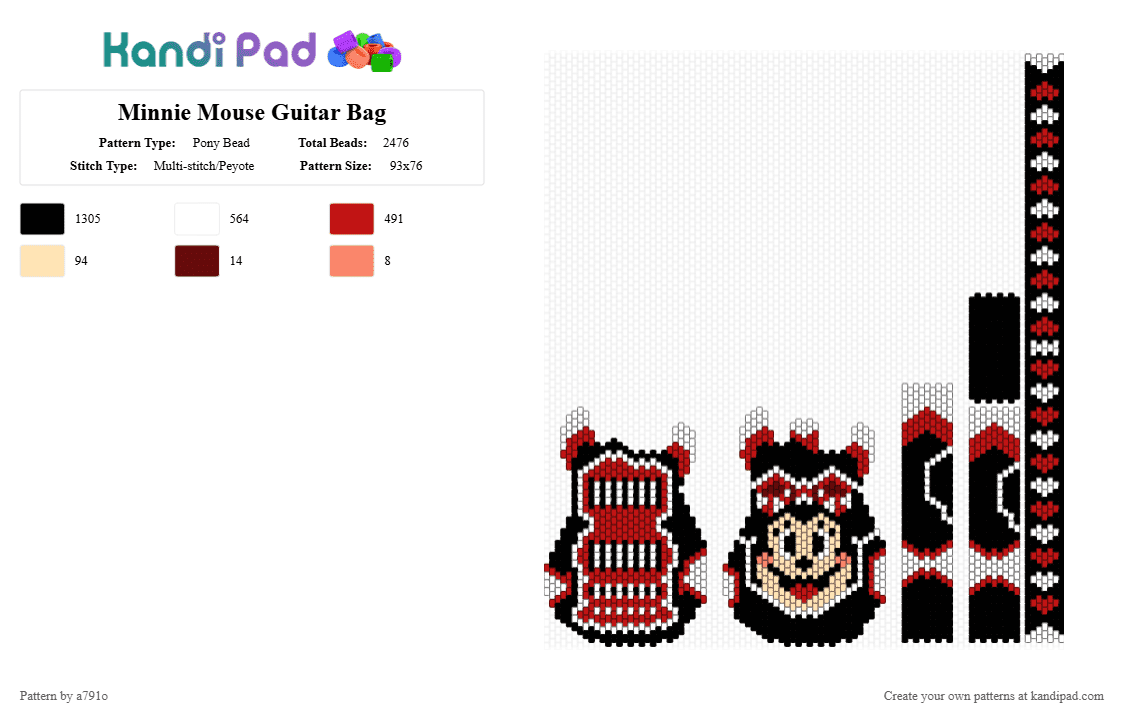 Minnie Mouse Electric Guitar Bag - Pony Bead Pattern by a791o on Kandi Pad - black,white,red
