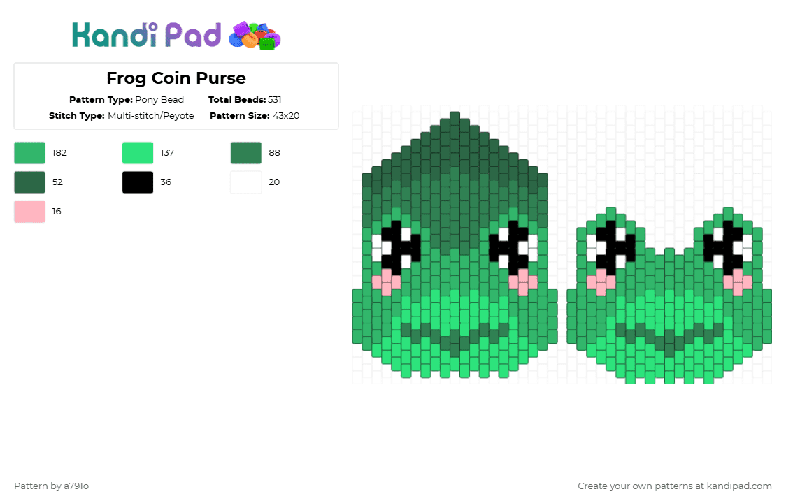 Frog Coin Purse - Pony Bead Pattern by a791o on Kandi Pad - frog,purse,amphibian,coin purse,animal,accessory,green,teal