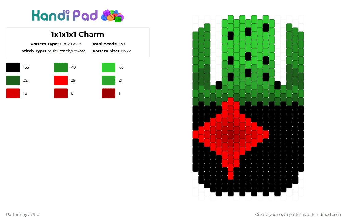 1x1x1x1 Charm - Pony Bead Pattern by a791o on Kandi Pad - green,red