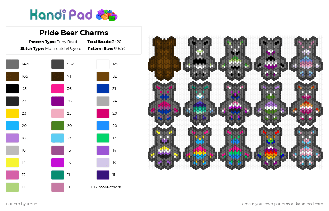 Pride Bear Charms - Pony Bead Pattern by a791o on Kandi Pad - brown,gray,pink