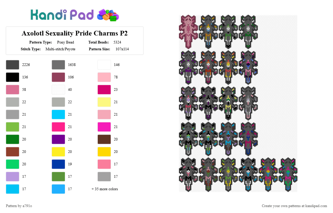 Axolotl Sexuality Pride Charms P2 - Pony Bead Pattern by a791o on Kandi Pad - black,pink,gray