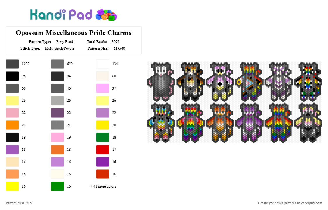Opossum Miscellaneous Pride Charms - Pony Bead Pattern by a791o on Kandi Pad - black,gray,pink,orange,colorful