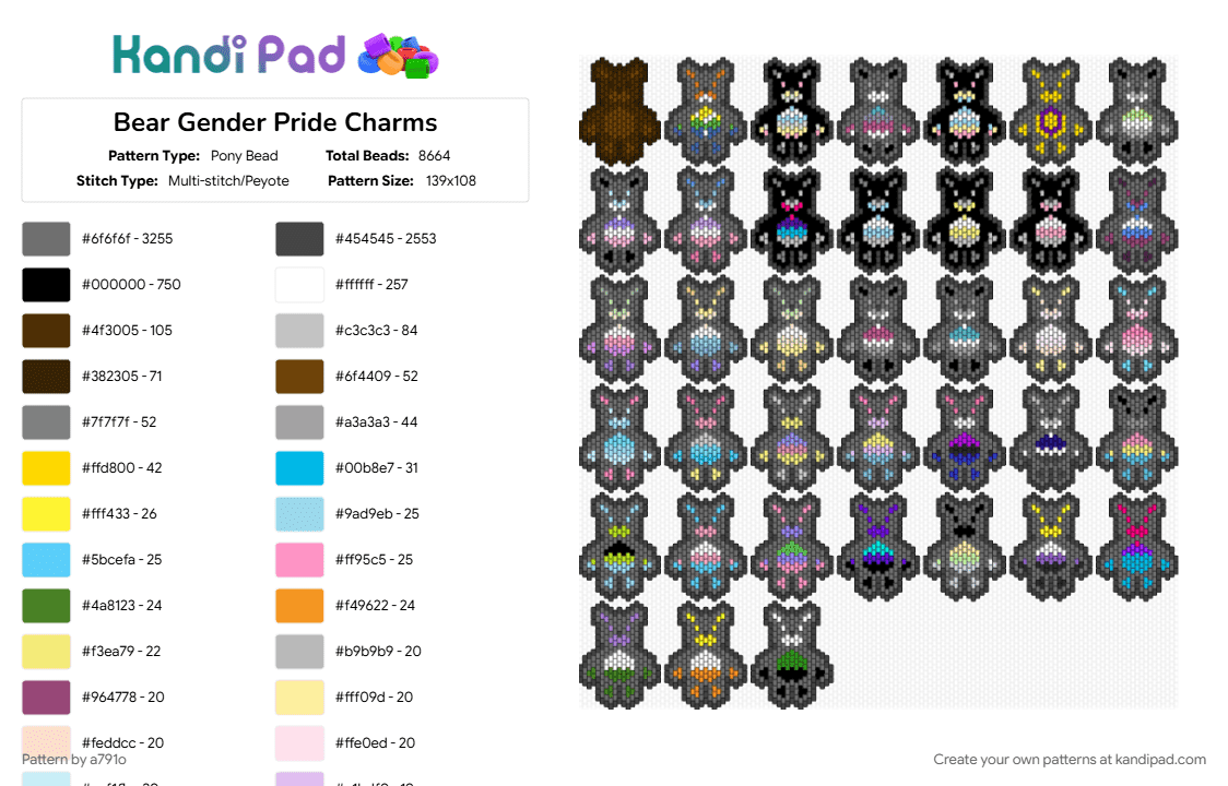Bear Gender Pride Charms - Pony Bead Pattern by a791o on Kandi Pad - black, gray