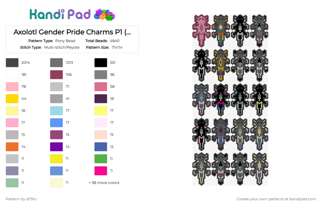 Axolotl Gender Pride Charms P1 - Pony Bead Pattern by a791o on Kandi Pad - black,pink,gray,yellow