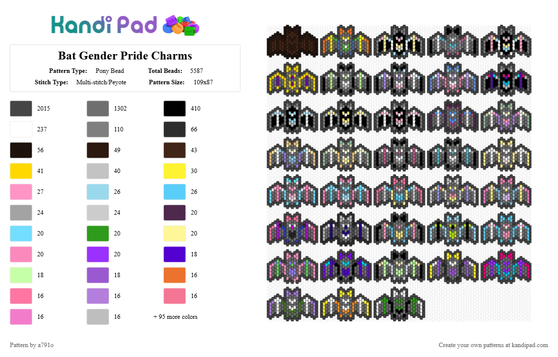 Bat Gender Pride Charms - Pony Bead Pattern by a791o on Kandi Pad - black,gray,pink,colorful